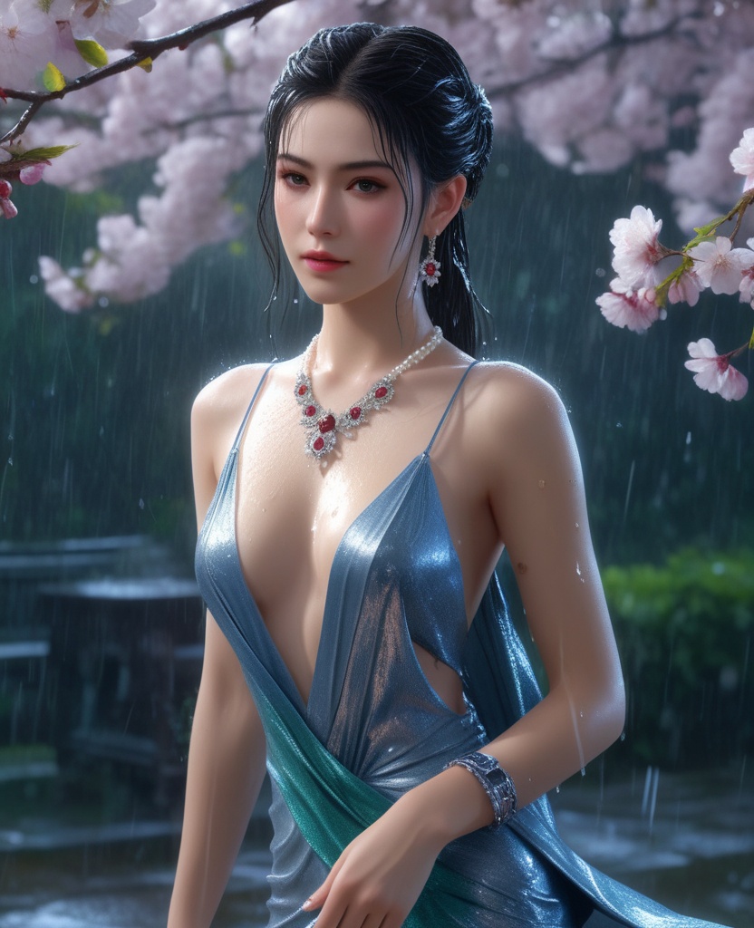 <lora:609-DA-XL-天行九歌-焰灵-水中:0.8>(,1girl, ,best quality, ),looking at viewer, ,ultra detailed 8k cg, ultra detailed background,  ultra realistic 8k cg,          cinematic lighting, cinematic bloom, (( , )),,  , unreal, science fiction,  luxury, jewelry, diamond, pearl, gem, sapphire, ruby, emerald, intricate detail, delicate pattern, charming, alluring, seductive, erotic, enchanting, hair ornament, necklace, earrings, bracelet, armlet,halo,masterpiece, (( , )),, realistic,science fiction,mole, ,cherry blossoms,(((, , ultra high res, (photorealistic:1.4), raw photo, 1girl, wet clothes, rain, sweat, ,wet, )))(( , ))   (cleavage), (),