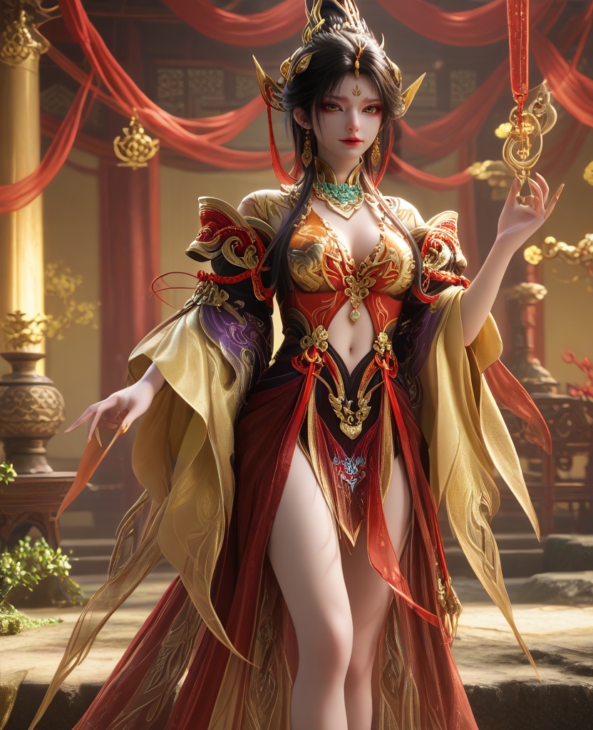 (oriental architecture, elegant decor, sophisticated style:1.1),(toe-point:1.1),(breasts:1.2),<lora:永劫无间南宫锦五丰太岁:0.95>,miss nangongjin,orange red corset dress with plum,yellow eyes,eyeshadow,forehead mark,black hair,traditional chinese updo with long front strands,hair ornament,earrings,jewelry,claw ring,wide flowing sleeves,cleavage,, score_9,score_8_up,score_7_up,score_6_up,score_5_up,score_4_up,3d rendering,tag1,tag2, Cinematic Lighting,backlighting,