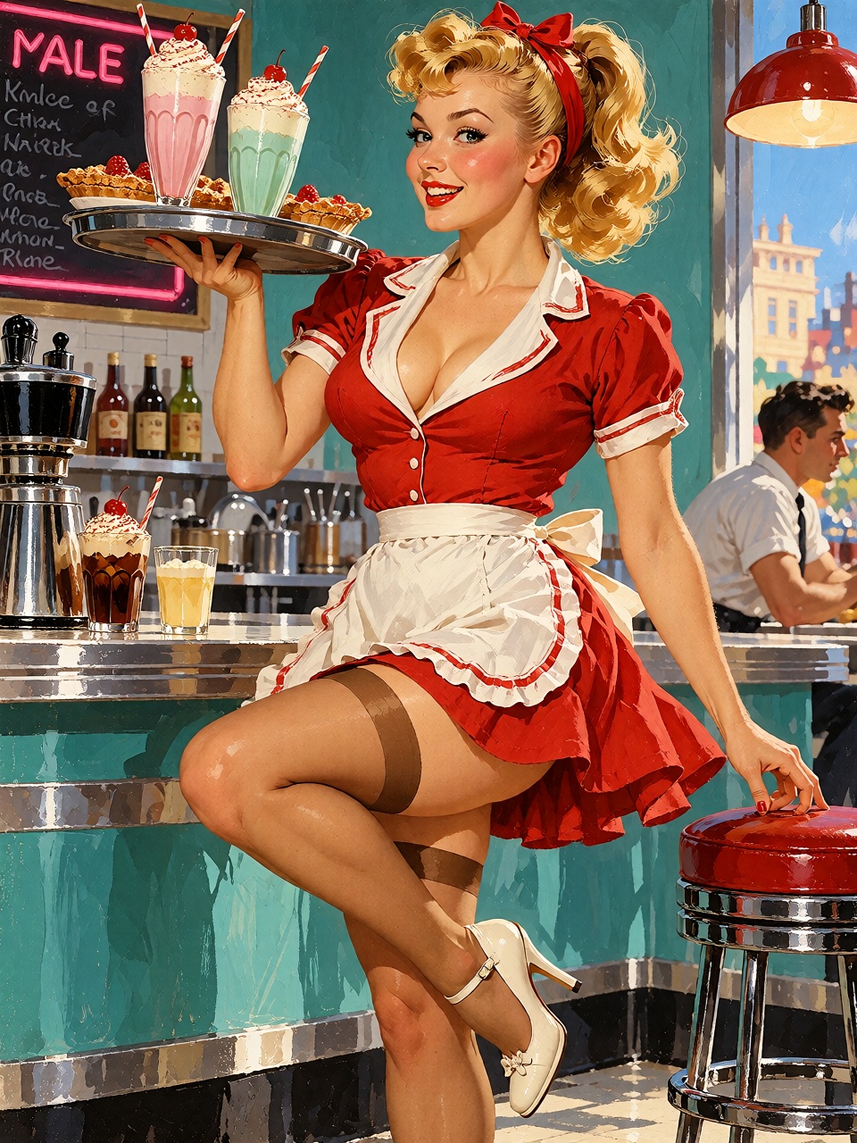 A classic American pin-up illustration of a beautiful waitress in a retro diner balancing a tray with milkshakes and pie,...