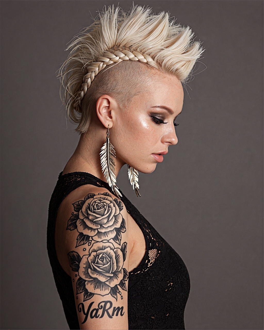 A side-profile portrait of a young Caucasian woman with striking platinum blonde hair styled into a voluminous,  textured...