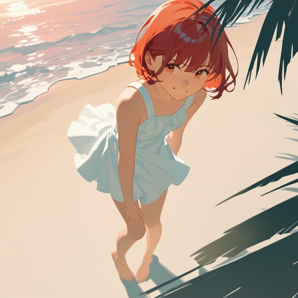 tianliang duohe fangdongye,highres,best quality,illustration,reality ray tracing,panorama,(from above),cinematic angle,medium shot,(beautiful detailed girl),clear focus,1girl,solo,detailed face,girl focus,young,solo,full body,smile,(red hair),ahoge, short hair,white short sundress,Bare feet,outdoors,(sea:1.2),(beach:1.2),(horizon),(sunset),(the breeze blew),coconut tree,(twilight:1.3),(dim:1.15),beautiful landscape,(reality ray tracing),(intense shadows),(dappled sunlight),strong rim light,