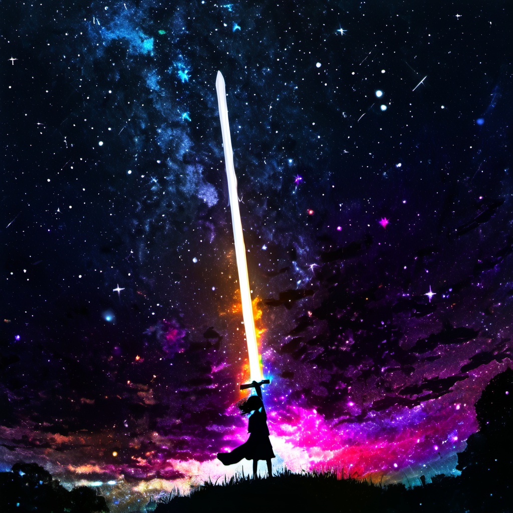 <lora:star_xl_v3:1>,the background is a starry night sky,a silhouette of a girl holding a sword,a brightly colored sword t which maps the starry sky and the milky way inside,halo,ethereal,