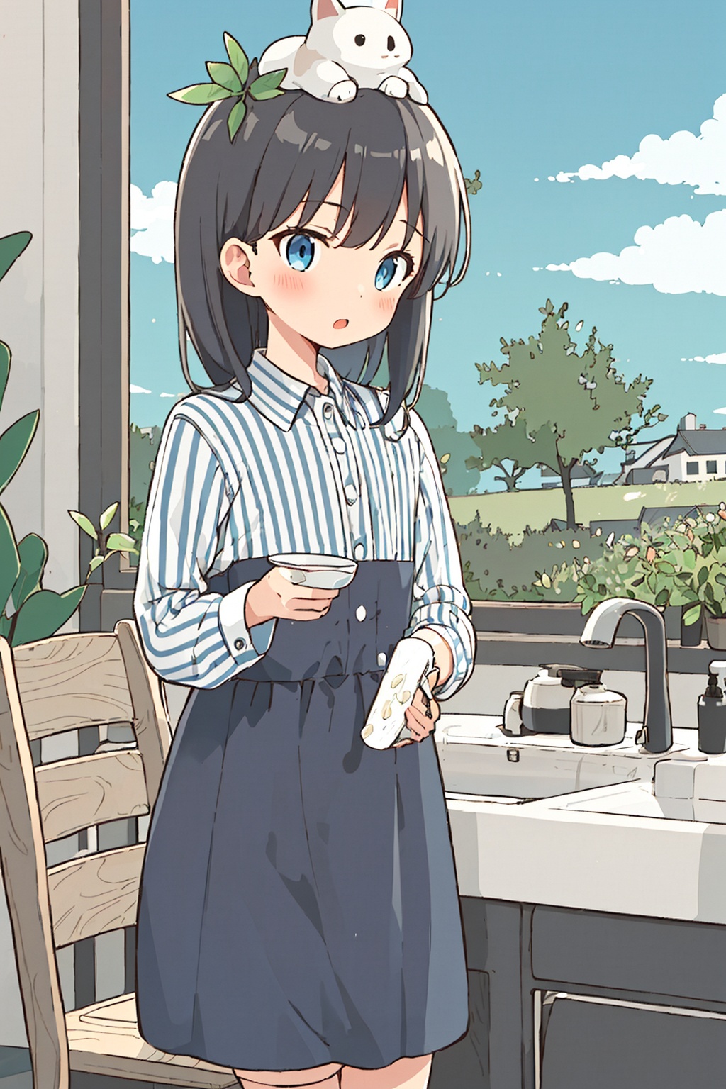1girl,black dress,black hair,blue sky,chair,cloud,dress,holding,indoors,kp,leaf,long sleeves,on head,plant,plate,shirt,sink,solo,striped shirt,tree,uniform,<lora:kp_ins风格V1:0.8>, kp,