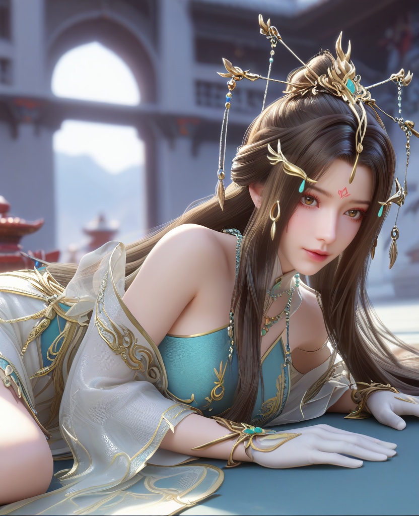 (oriental architecture, elegant decor, sophisticated style:1.1),(Lying on her side with knees up,:1.1),(Through a close-up, focusing on intricate details:1.1),(large breasts:1.2),<lora:XL16云深不知梦云望舒少宗主服:0.95>,miss yunwangshu,white gown with tulle skirt,shawl,brown eyes,forehead mark,very long hair,traditional chinese updo with long front strands,hair ornament,jewelry,blue bandeau,white gloves,, score_9,score_8_up,score_7_up,score_6_up,score_5_up,score_4_up,3d rendering,tag1,tag2, Cinematic Lighting,backlighting,