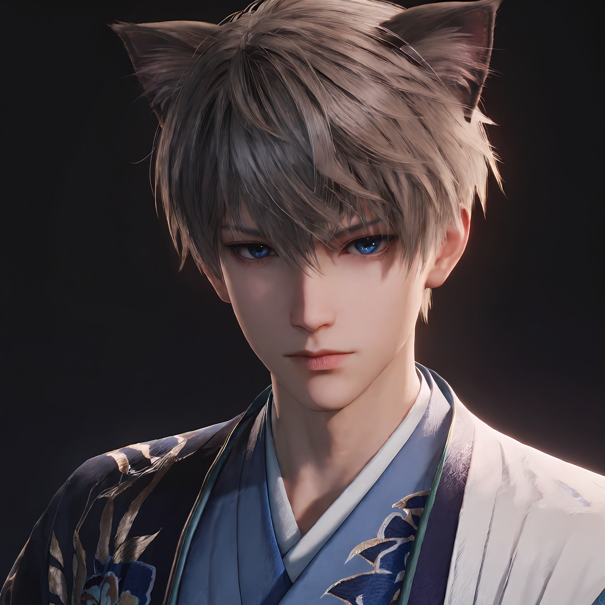 score_9,score_8_up,score_7_up,highres,best quality,amazing quality,best aesthetic,absurdres,<lora:3.9沈星回:0.6>,<lora:add-detail-xl:1.7>,animal ears,1boy,male focus,blue eyes,solo,looking at viewer,black background,cat ears,realistic,simple background,short hair,japanese clothes,bangs,closed mouth,portrait,upper body,lips,kimono,hair between eyes,, score_9,score_8_up,score_7_up,source_anime,
