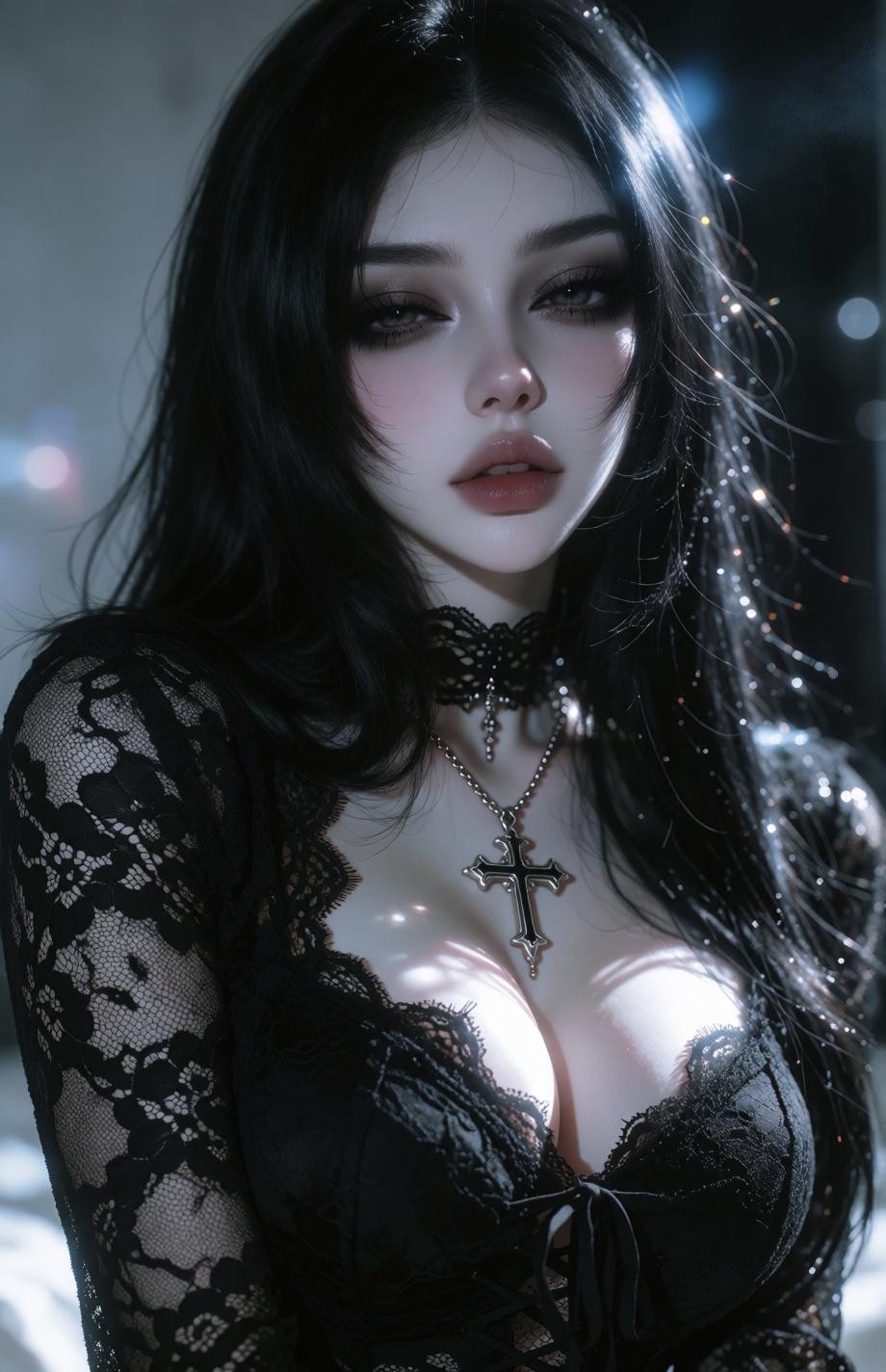 beautiful feminine goth woman with long black hair,  pale skin,  half-closed sultry eyes looking at the viewer on Tensor.Art
