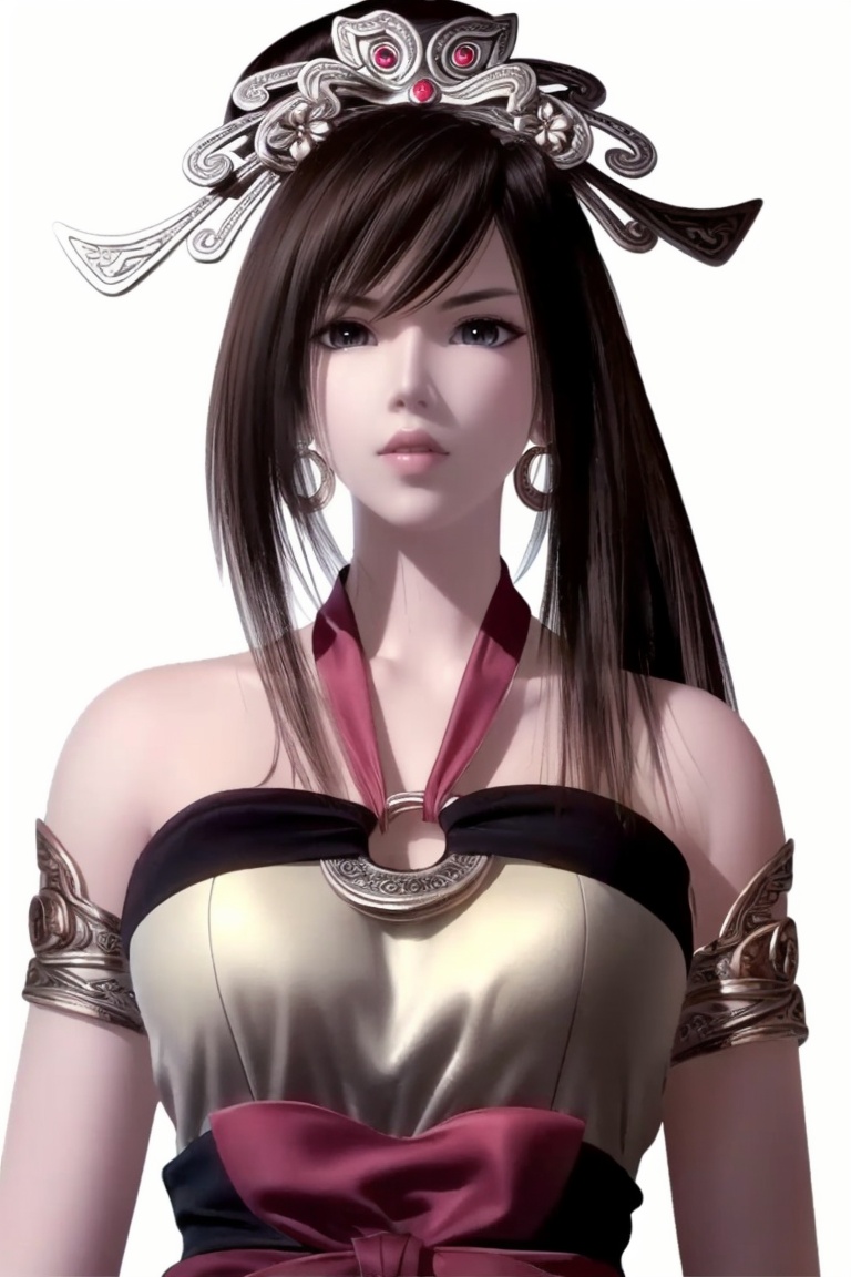 ((HRD, HUD, 8K)),((masterpiece, best quality)), highly detailed, soft light,1girl, solo, black hair, long hair, ponytail, hair ornament, tiara, black eyes, brown eyes, lips,jewelry, earrings, dress, bare shoulders, armlet, simple background, white background, (upper body:1.2), standing, looking at viewer,  <lora:20240430-1714439888539:0.72>