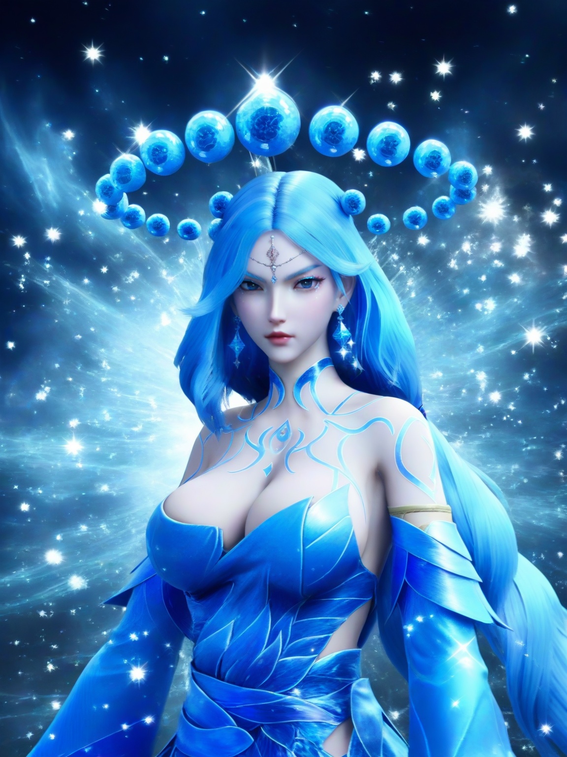 score_9,1girl,solo,dress,long hair,standing,forehead mark,forehead jewel,earrings,hair ornament,blue hair,detached sleeves,large breasts,sparkle,cleavage,standing,upper body,lipstick,looking at viewer,<lora:SF_LiShaoYing_Pony_Realism2.3-000004:0.7>,