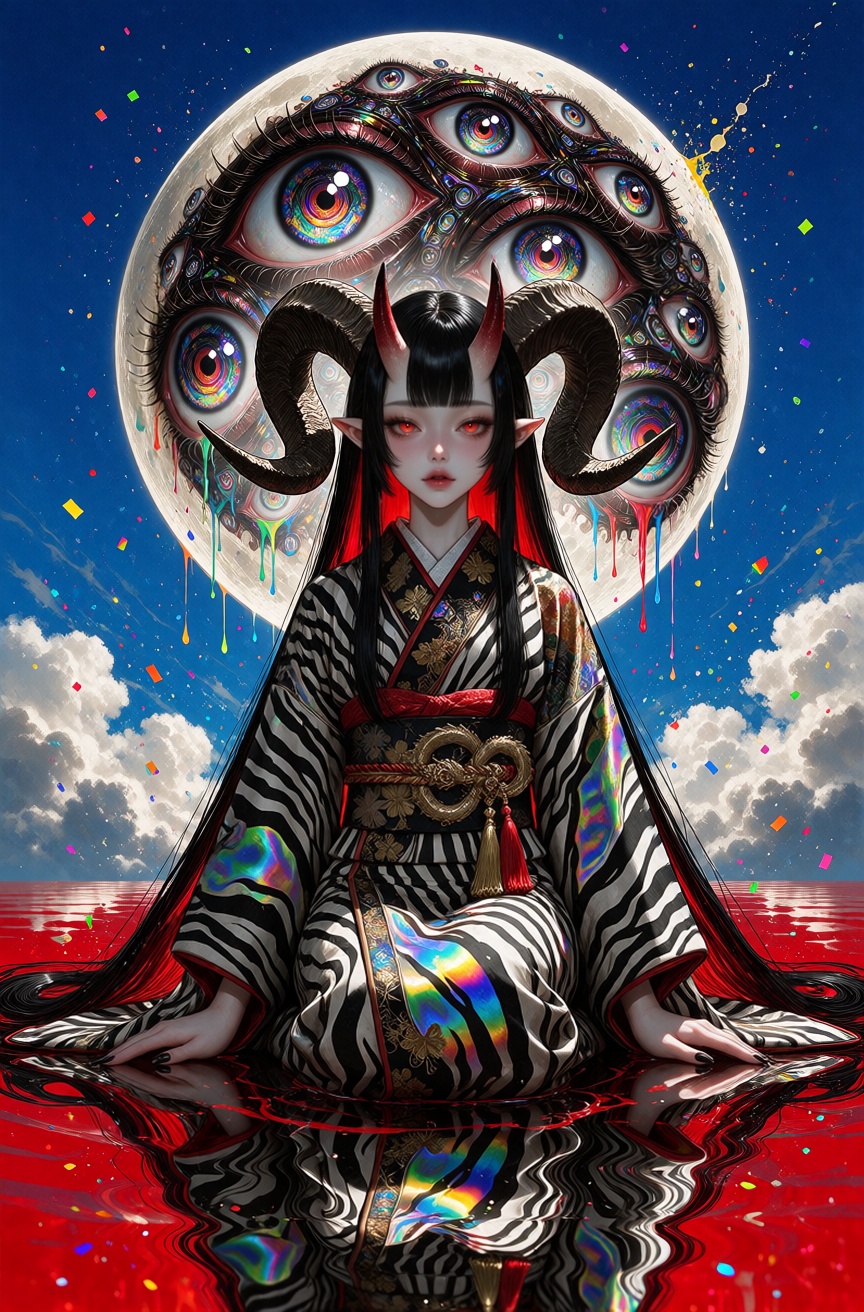 Surreal psychedelic anime illustration,  flat saturated color blocking with bold inked linework and a pop-art,  slightly r...