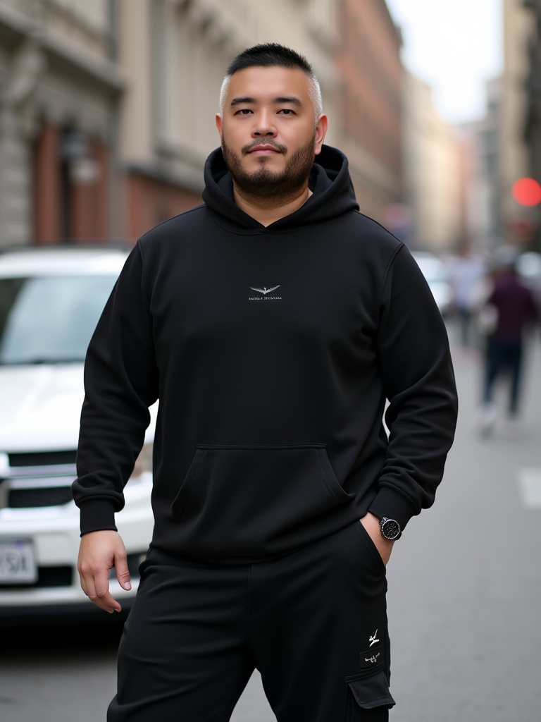 CNBeardModel,beard,pants,realistic,in a black hooded sweatshirt and black pants stands in front of a white car parked on the street.,
