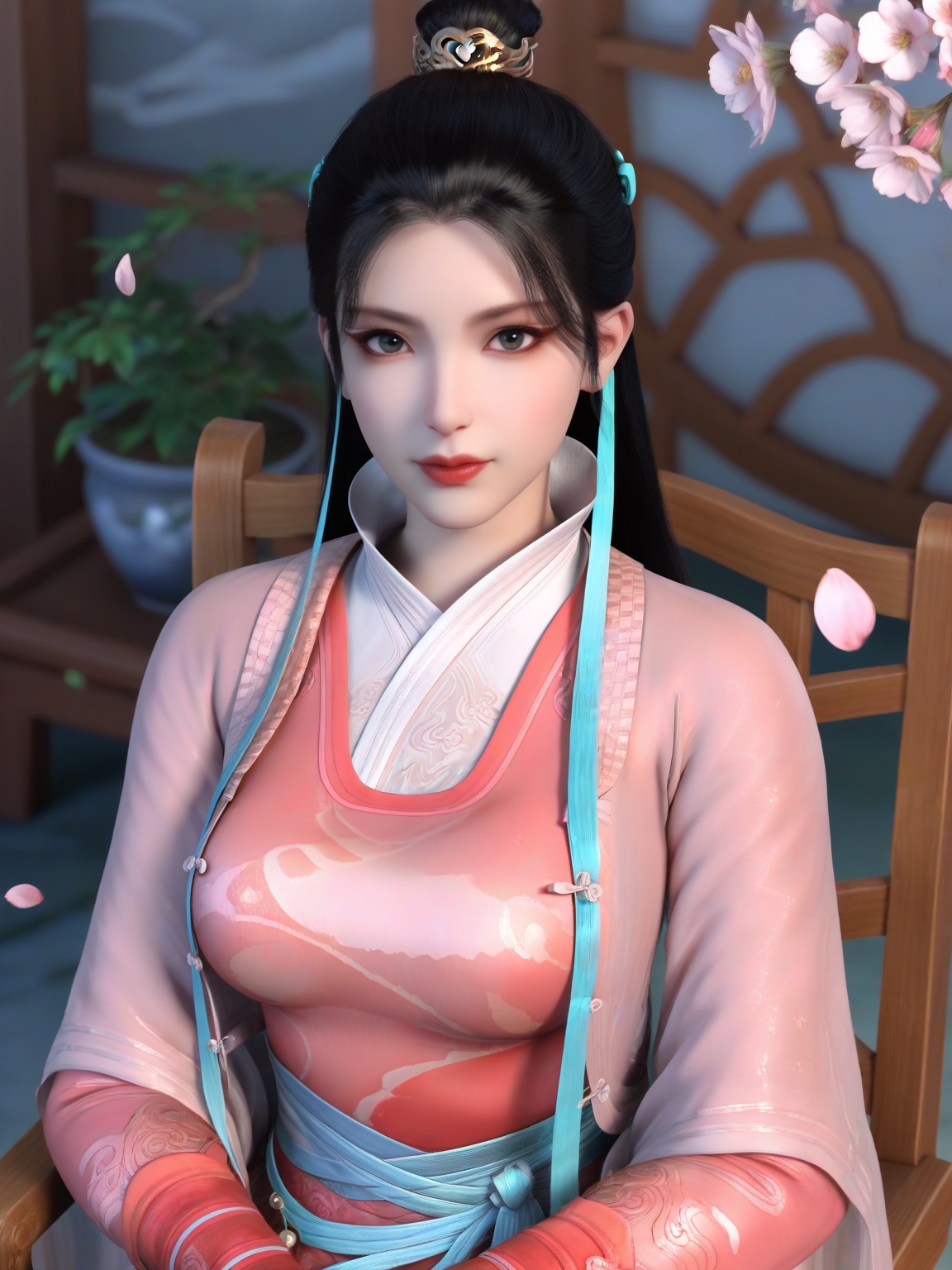 masterpiece,ultra-HD,photorealistic,high detail,best quality,8k,best quality,sharp focus,ray-tracing,1girl,breasts,large breasts,long hair,hair ornament,black hair,hair bun,soft smile,lipstick,dress,hanfu,falling petals,eyelashes,makeup, solo,looking at viewer,sitting,chair,enchanting expression,red lips,Flower Potted Plants,<lora:SF_YinLuoXia_ILv4050_Real:0.75>,