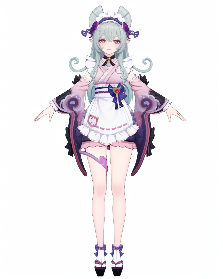 8k,best quality,masterpiece,(ultra-detailed),(high detailed skin),(by nanoless, by misumi \(macaroni\),:0.5),A full-body portrait of a young girl,standing gracefully,pastel art style,high-key lighting,shoujo manga influence,hd quality,delicate details,full body,full shot,standing,looking at viewer,(solo:1.2),simple background,white background,<lora:mjyue-sd-Tanger:0.8>,Yumemizuki Mizuki \(Genshin Impact\), clothes: purple kimono with white apron and maid headdress, 1girl, japanese clothes, wa maid, purple flower, purple eyes, detached sleeves, apron, maid headdress, long hair, The tail wraps around the thigh, tail
