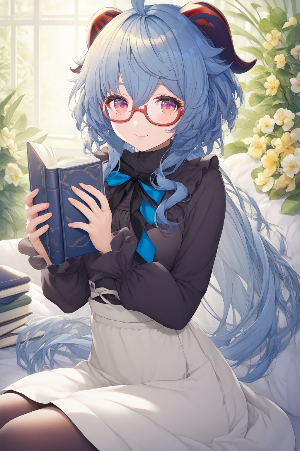 score_9,score_8_up,score_7_up,score_6_up,source_anime,source_cartoon,<lora:ganyuTuPONYXL-000008:1>,ganyu \(china merchants bank\), ganyu \(genshin impact\), 1girl, high-waist skirt, solo, horns, blue hair, glasses, turtleneck, long hair, blue bow, shirt, frilled sleeves, red-framed eyewear, book, long sleeves, black shirt, ahoge, frilled shirt, sitting, purple eyes, looking at viewer, frills, two-sided fabric, black pantyhose, smile, holding, shirt tucked in, sidelocks, jewelry, flower, closed mouth, holding book, blush