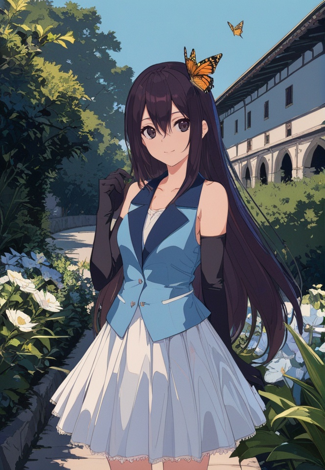 (best quality), ((masterpiece)), (highres), illustration, original, extremely detailed,  <lora:城静时光茶香美:0.7>1girl, gloves, long hair, elbow gloves, solo, smile, bug, looking at viewer, hair between eyes, butterfly, sleeveless, black gloves, outdoors, black eyes, black hair, blue vest, flower, vest, closed mouth, dress, hand up, skirt, very long hair, bare shoulders, standing, collarbone