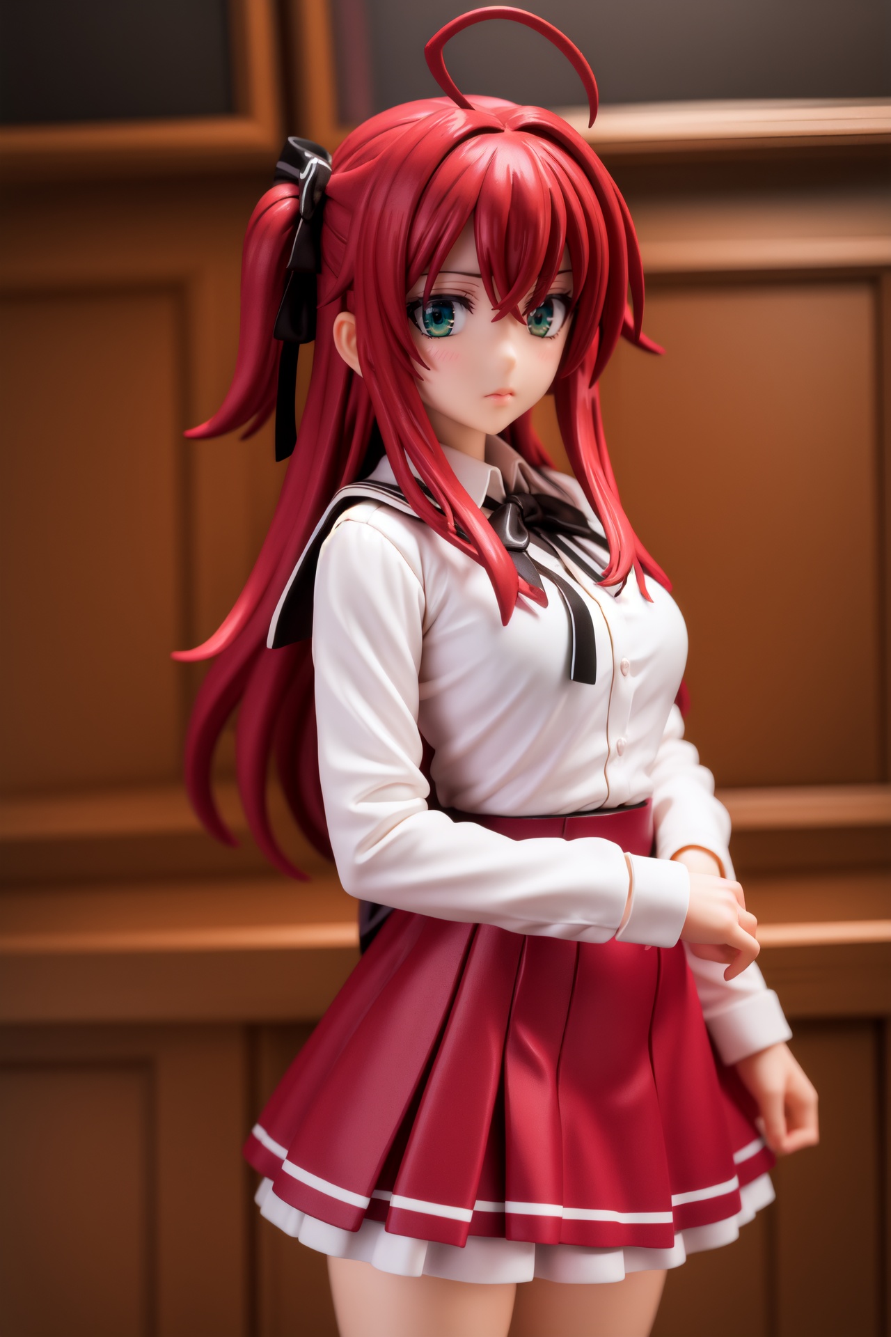 pvc style,riasgremory, <lora:rias gremory anime s1-lora-nochekaiser:1>,rias gremory, huge ahoge, long hair, hair between eyes, (green eyes:1.3), red hair,BREAK shirt, ribbon, school uniform, white shirt, black ribbon, neck ribbon, capelet, black capelet, long sleeves, skirt, red skirt,BREAK indoors, classroom,BREAK looking at viewer, (cowboy shot:1.5),BREAK  (masterpiece:1.2), best quality, high resolution, unity 8k wallpaper, (illustration:0.8), (beautiful detailed eyes:1.6), extremely detailed face, perfect lighting, extremely detailed CG, (perfect hands, perfect anatomy),,figma,full body, 