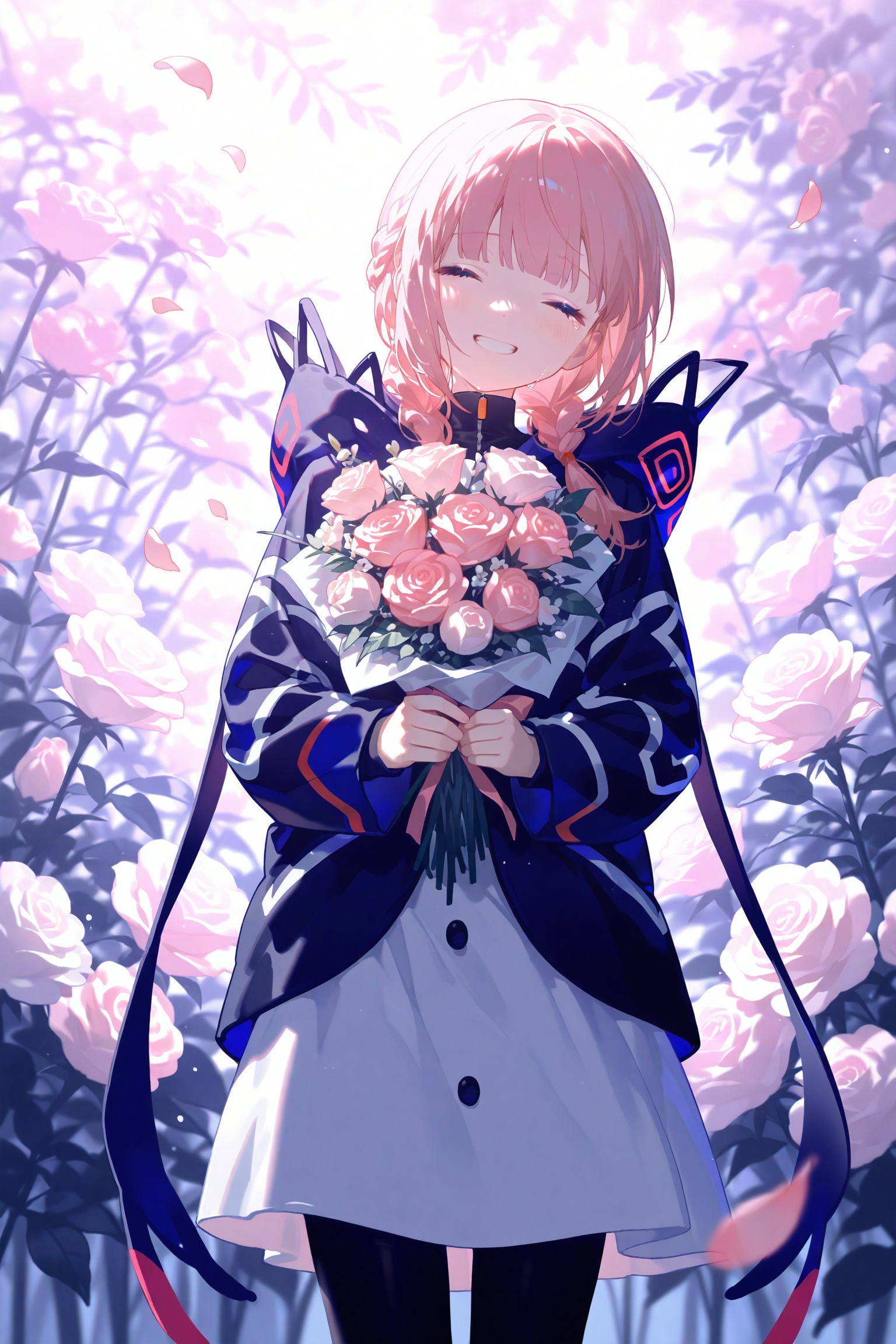 1girl, kaf (kamitsubaki studio), solo, flower, bouquet, pink hair, virtual youtuber, braid, holding bouquet, closed eyes, smile, hood, facing viewer, holding, white flower, hood down, pink flower, jacket, cowboy shot, side ponytail, rose, long hair, grin, hooded jacket, dress, long sleeves, standing, hooded capelet, white dress, side braid, white rose, pink rose, pantyhose, capelet, holding flower, plant, single braid, outdoors, leaf, medium hair, petals, crying, parted lips, tears, pink theme, blush, sidelighting, character name, turtleneck, teeth, purple theme, hair over shoulder, low twin braids, twin braids, sunlight, black pantyhose, floral background, blue jacket, backlighting, looking at viewer, french braid, white skirt, skirt, ponytail, yellow pupils, head tilt