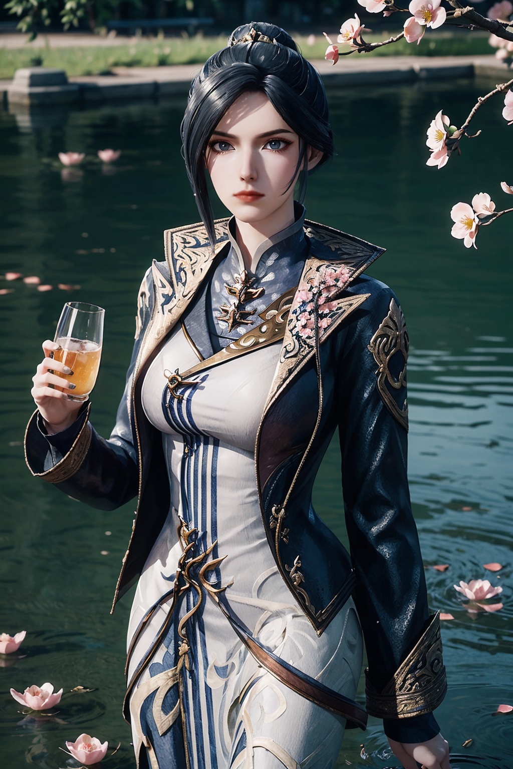 1girl,solo,closed mouth,(hair ornament),jewelry,high collar,chinese clothes,jacket on shoulders,arms at sides,(looking at viewer),outdoors,nature,(in water,lake,petals on liquid),(petals on liquid),(peach blossom:1.2,falling petals:1.3),((cowboy shot)),3d,game cg,Highly detailed,(best quality:1.5,masterpiece:1.5),<lora:zhouyi:0.85>,zhouyi,