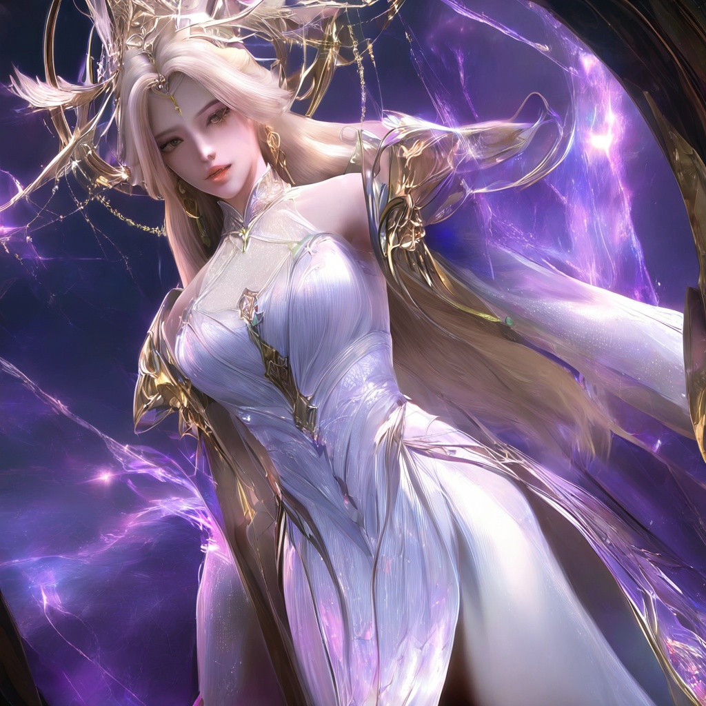 masterpiece,best quality,cinematic,(ultra-detailed),perfect composition,intricate details,absurdres,detailed face,high quality,high res,8K,1girl,solo,hair ornament,long hair,cowboy_shot,white dress,jewelry,earrings,dress,white hair,bare shoulders,looking at viewer,parted lips,realistic,teeth,blonde hair,gold long dress,barefoot,