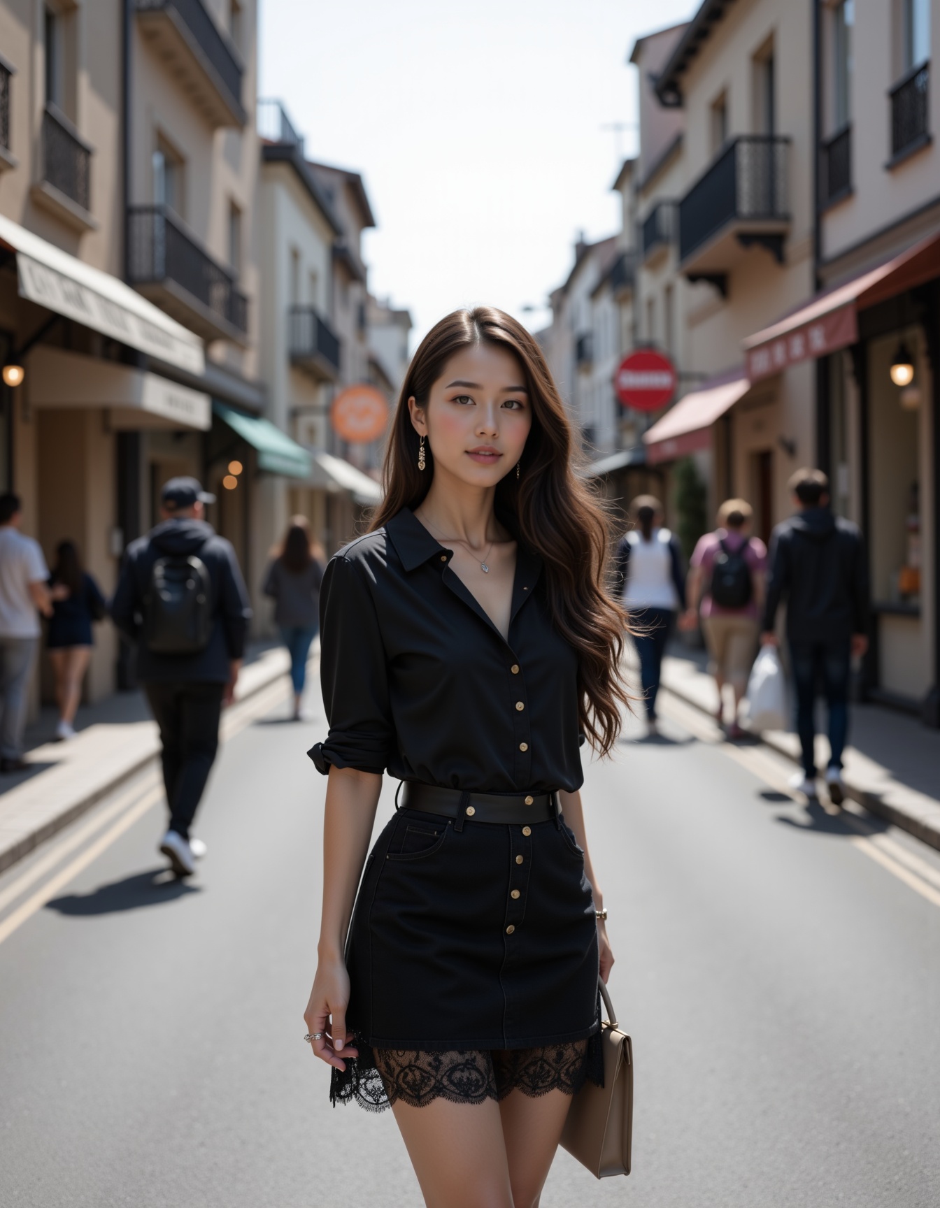 asian beauty,  a woman standing in the middle of a street wearing a black shirt and a black lace skirt. She is surrounded...