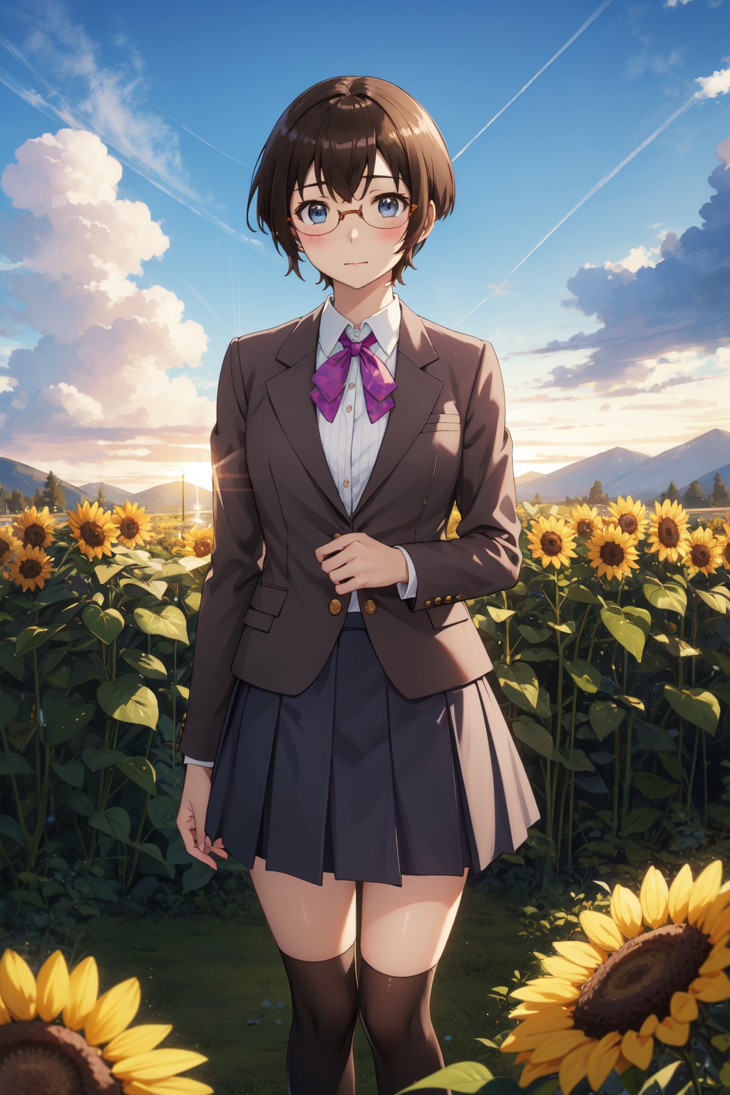<lora:Manami-000015:0.8>,Manami cyql,1girl,looking at viewer,solo,short hair,brown hair,blue eyes,blush,glasses,semi-rimless eyewear,school uniform,blazer,skirt,socks,evil smile,bust,beautiful face,beautiful eyes,glossy skin,shiny skin,Sunflowers, Field, Sky, Sunlight, Bees, Yellow, Horizon, Serenity,(Lavender rows, Purple hues, Evening glow, Fragrant air, Harvest time, Provencal landscape:0.5),beautiful detailed sky,beautiful detailed glow,posing in front of a colorful and dynamic background,masterpiece,best quality,beautiful and aesthetic,contrapposto,female focus,wallpaper,fashion,