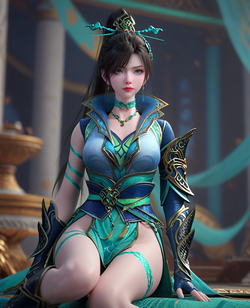 (oriental architecture, elegant decor, sophisticated style:1.1),(Sitting with one hand touching the chin, looking pensive:1.1),looking at viewer,(breasts:1.2),<lora:XL16斗破苍穹青鳞:0.95>,miss qinglin,blue gray jacket,cyan camisole,blue eyes,black hair,super long ponytail,hair ornament,earrings,jewelry,choker,spiral sigil,fingerless gloves,sash,blue gray cutout legging,black boots,cyan fart curtain,cyan pelvic curtain,, score_9,score_8_up,score_7_up,score_6_up,score_5_up,score_4_up,3d rendering,tag1,tag2, Cinematic Lighting,backlighting,, zPDXL3, zPDXL2,zPDXL, zPDXLxxx, zPDXLrl,