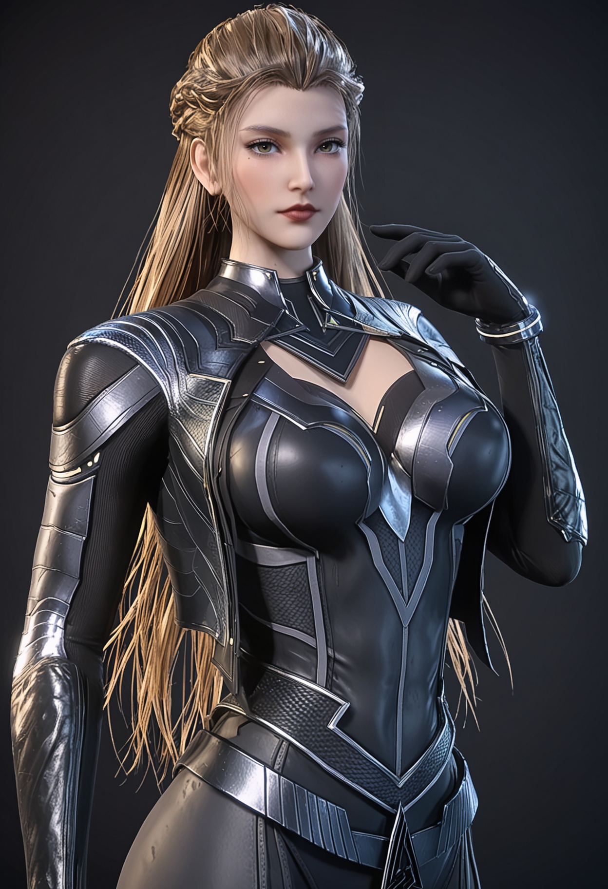 (looking_at_viewer:1.2),upper_body,(gigantic breasts:0.6),(slender:1.2),facing viewer,<lora:YQ_pony_raoyao_richangfuzhuang_V4:0.8>,q1528437228,1girl,solo,long hair,armor,brown hair,bodysuit,brown eyes,gloves,blonde hair,braid,mole under eye,black bodysuit,boots,grey hair,black hair,jewelry,black gloves,blue eyes,bracelet,belt,green eyes,high heels,(simple background,pure black background,black background:1.1),perfect_anatomy,