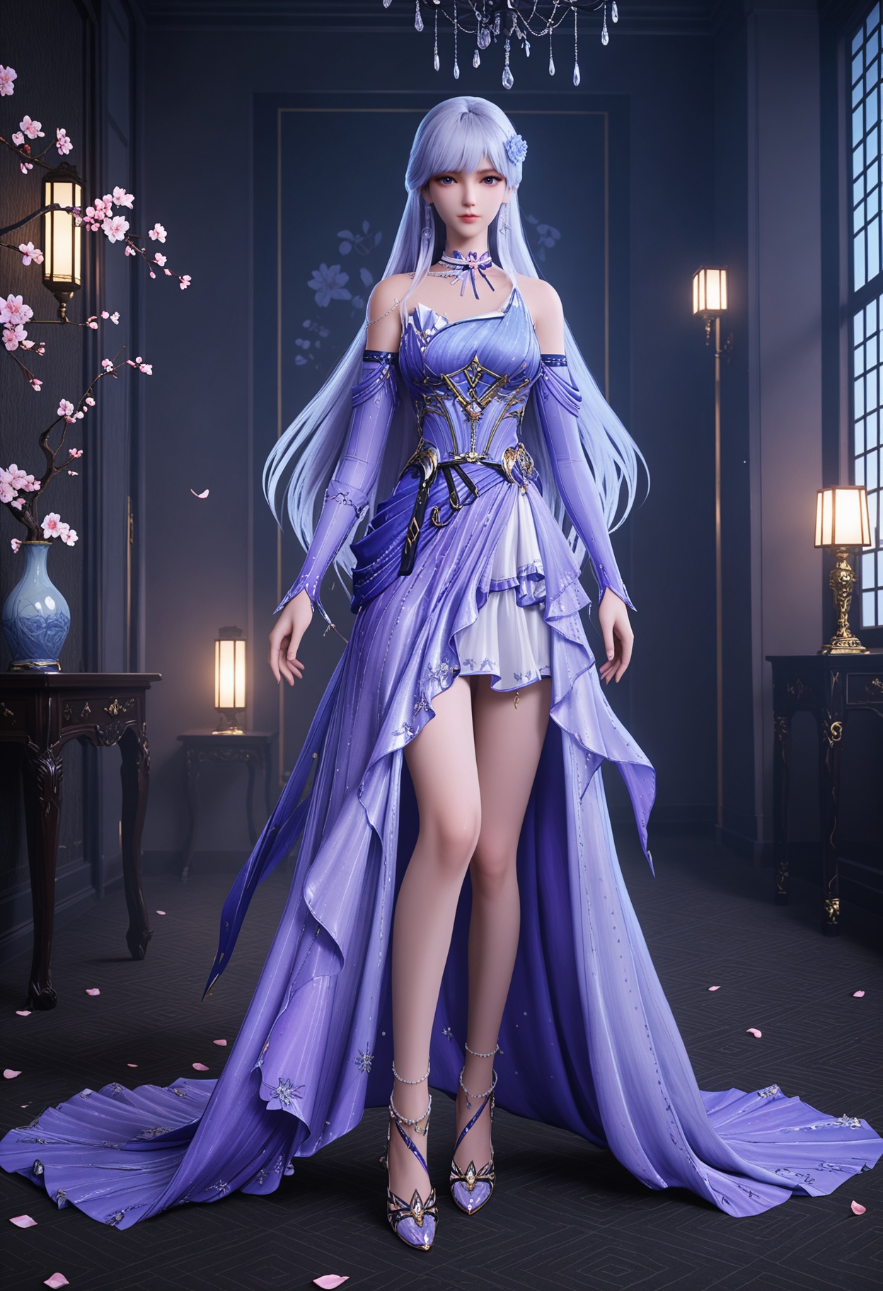 (full_body:1.4),(looking at viewer:1.1),facing viewer,direct gaze,(masterpiece:1.1),(best quality:1.2),(intricate details),(smog:1.3),(Dark room:1.3),(dim lighting:1.3),peach blossom,falling petals,<lora:YQ_Illustrious光辉v5_圣采儿_服装6_V1:0.8>,1girl,q1528437228,solo,long hair,jewelry,hair ornament,earrings,dress,purple eyes,white hair,choker,high heels,necklace,blue hair,blue eyes,purple hair,masterpiece,(best quality),(intricate details:0.9) BREAK (intricate details:0.9),(realistic skin:1.2),masterpiece,best quality,newest,absurdres,hiahres,
