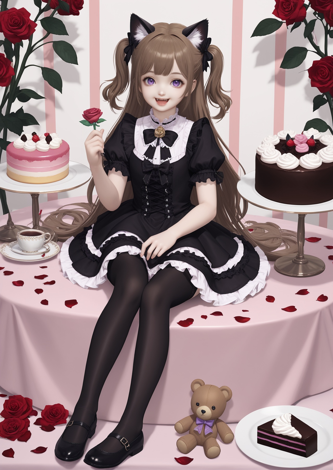 score_10,score_9,score_8_up,score_7_up,1girl,purple eyes,animal ears,solo,rose,shoes,black footwear,dress,flower,cup,food,smile,stuffed toy,cake,puffy sleeves,long hair,thighhighs,teacup,stuffed animal,red flower,red rose,short sleeves,brown hair,two side up,black dress,puffy short sleeves,petals,cake slice,:d,animal ear fluff,looking at viewer,no shoes,detached sleeves,frills,macaron,frilled dress,teddy bear,black thighhighs,very long hair,bow,tiered tray,plate,single shoe,minigirl,sitting,mini person,hair ornament,holding,cat ears,hair bow,table,fang,pantyhose,rose petals,full body,open mouth,