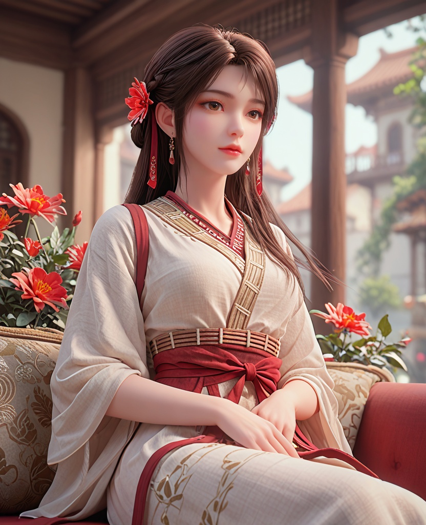(oriental architecture, elegant decor, sophisticated style:1.1),sitting on lap,(breasts:1.2),<lora:XL完美世界火灵儿火桑女:0.8>,miss huosangnv,solo,cambric dress,brown sash,red fart curtain,red straps,brown eyes,black hair,long hair,hair flower,earrings,earlock,lips,hair ribbon,wide sleeves,, zPDXL2, score_9, score_8_up, score_7_up BREAK realistic, masterpiece,best quality, highly detailed,, zPDXL3, zPDXL2,zPDXL, zPDXLxxx, zPDXLrl,