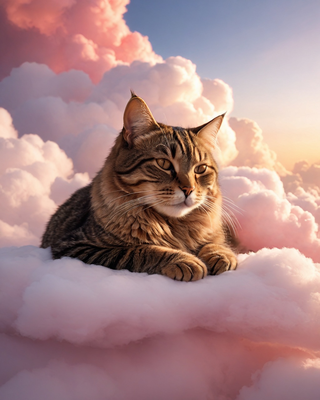 photo,cinematic,high resolution,giant tabby cat,sleeping on cloud,rosy cloud,sky,dawn,