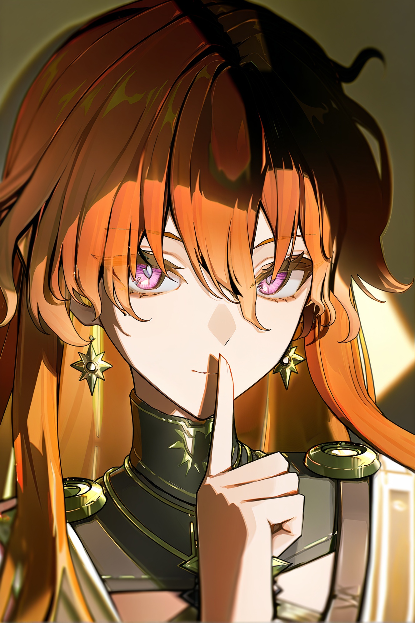 ka ra ra ge tsu ne,miyuki,augusta\(Wuthering Waves\),1girl,earrings,jewelry,solo,purple eyes,looking at viewer,shushing,orange hair,finger to mouth,hair between eyes,index finger raised,virtual youtuber,long hair,shadow,