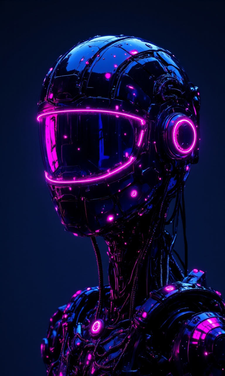 JMstyle-CGI,A highly detailed CGI rendering of a futuristic robotic head, showcasing advanced design and technology. The head is predominantly black with sleek, metallic textures and numerous intricate details. The most striking feature is the large, curved visor that serves as the "eyes" of the robot, glowing with a vibrant, neon pink light. Surrounding the visor are various components, including two circular, blue-lit sensors on the sides, and a series of thin, flexible cables and wires extending from the bottom of the visor, adding to the complex, industrial aesthetic.The background is a deep, dark blue, which contrasts sharply with the bright neon lights on the robot, making the details stand out even more. The lighting is dramatic, with the neon lights casting a cool, bluish hue on the surrounding areas. The robot head is centered in the frame, with the background being a simple, solid color, ensuring that the focus remains on the intricate design and technological elements of the robotic head.The overall style is highly futuristic and cyberpunk, with a strong emphasis on advanced technology and sleek design. The image is vibrant and dynamic, with a strong sense of depth and complexity. The robotic head is the main subject, with no other objects or characters in the frame.