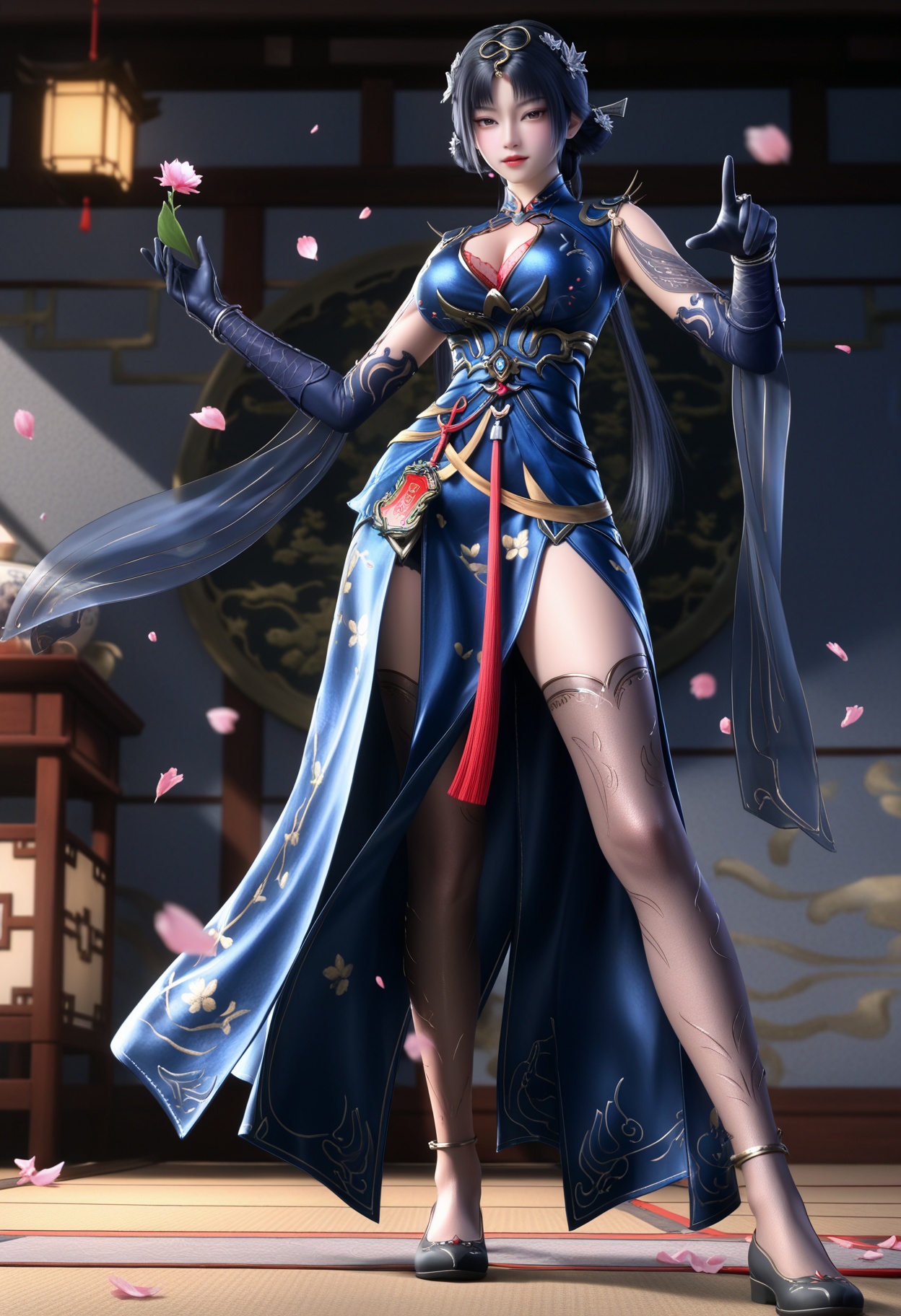masterpiece,best quality,amazing quality,high resolution,ultra-detailed,absurdres,(looking at viewer:1.1),full body,(Dark room:1.3),(moody lighting:1.1),peach blossom,falling petals BREAK large breasts,jinxiaochai,1girl,solo,dress,black hair,hair ornament,blue dress,chinese clothes,clothing cutout,gloves,brown patterned thigh-high stockings,fishnet texture,cleavage cutout,long hair,hair bun,realistic,shoes,standing BREAK photorealistic details,<lora:QQSilljinxiaochaiV1:0.8>,
