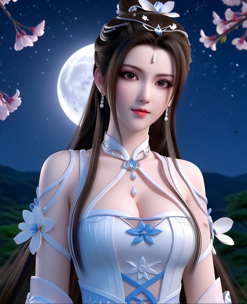 <lora:659-DA-XL-武动乾坤-绫清竹:0.8>(,1girl, ,best quality, ),looking at viewer,  ,ultra detailed background,ultra detailed background,ultra realistic 8k cg,, ,masterpiece, (( , )),, ,   ,   cure blossom, full moon,night,night sky,  (cleavage), (), ,,
