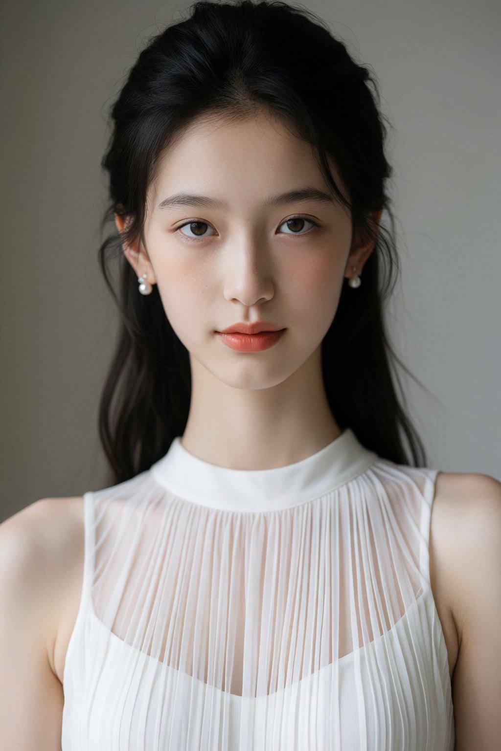 A young East Asian woman with dark hair and light brown eyes is positioned centrally,  facing the viewer. She has a fair c...