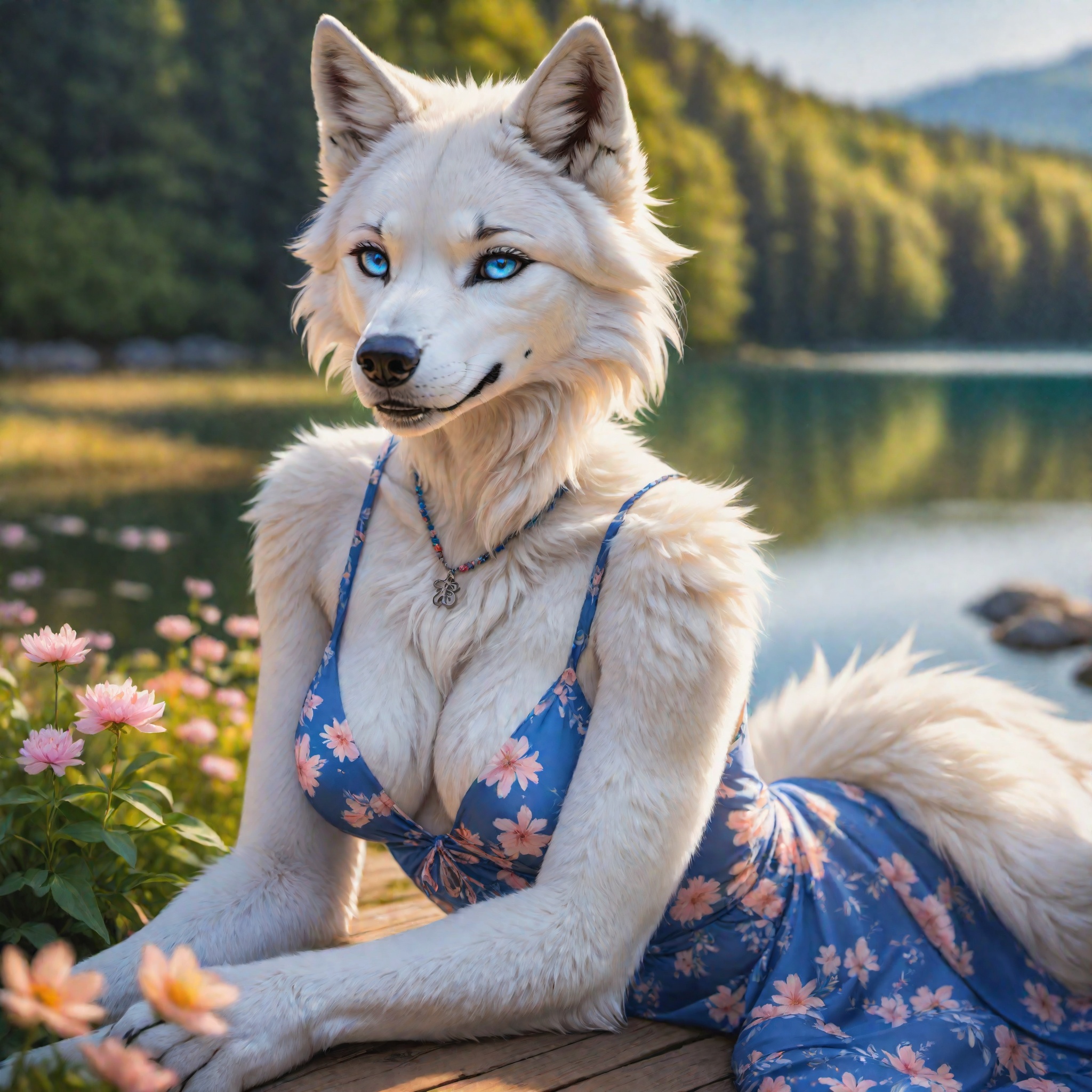 artwork ,  (( anthro furry white wolf female)),  laying near a lake on Tensor.Art