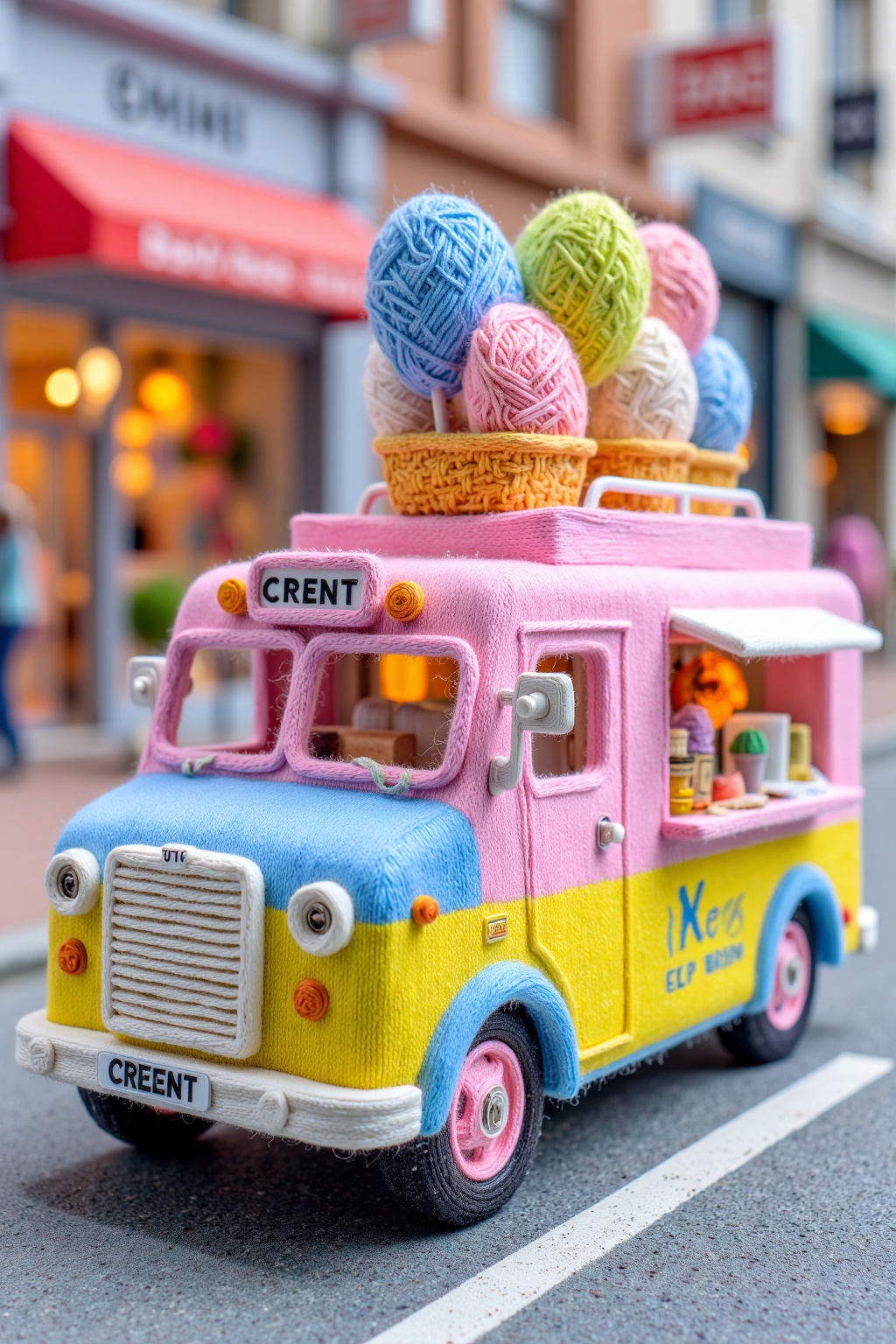 beijihui,Captured in a close-up,eye-level perspective,a small toy van is adorned with a pink,blue,and yellow color scheme. The van has a white license plate with the word "CREENT" in black letters on it,positioned on the left side of the frame. The front of the van is covered in a thick layer of yarn,adding a touch of warmth to the scene. The background is blurred,suggesting a store setting.,