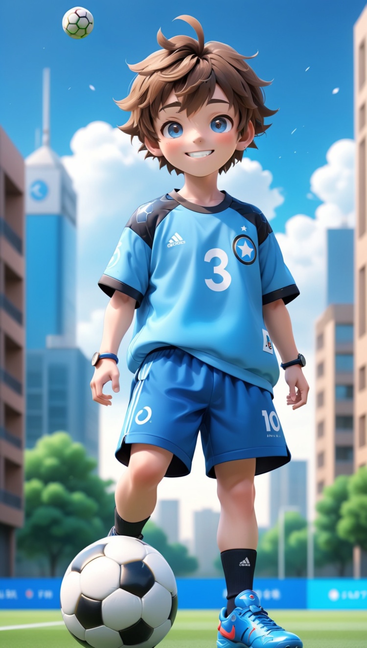 3DIP,PEIQI,(wsoiran:1.1),masterpiece,best quality,masterpiece,and textures with precision.:1.5),ultrawide shot,1boy,male focus,solo,cloud,sportswear,sky,shirt,open mouth,blue shirt,ball,smile,brown hair,soccer uniform,planet,shoes,building,short hair,soccer ball,city,black eyes,blue shorts,full body,star (symbol),shorts,