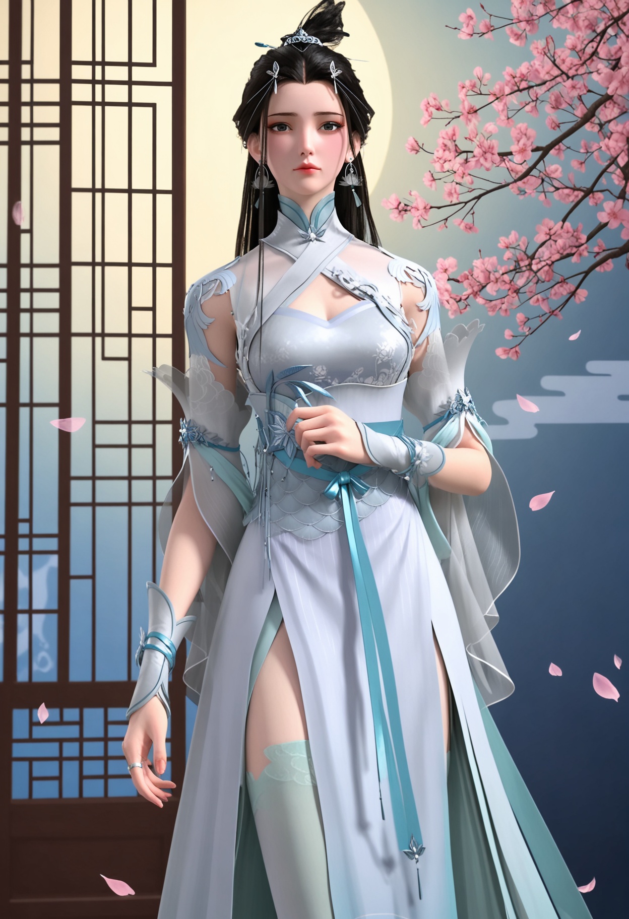 (cowboy shot:1.2),(looking at viewer:1.1),masterpiece,(best quality),smog,Dark room,dim lighting,peach blossom,falling petals,<lora:YQ_Illustrious光辉v5_萧轻雪_V1:0.8>,q1528437228,solo,1girl,long hair,dress,black hair,jewelry,white dress,earrings,hair ornament,chinese clothes,hair bun,forehead mark,sash,brown hair,thighhighs,single hair bun,china dress,white thighhighs,long sleeves,detached sleeves,side slit,gloves,hair rings,