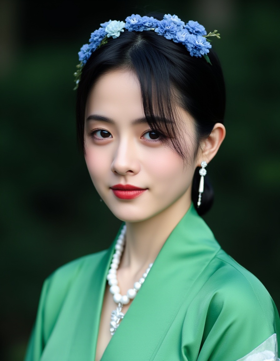 Captured at eye-level,a close-up shot of a young Asian woman,dressed in a green kimono,adorned with a white necklace and earrings. Her hair is styled in a low bun,and she's wearing a headband adorned with blue flowers. The background is blurred,creating a stark contrast to the woman's outfit. The woman's hair is dark,adding a touch of greenery to the scene.,