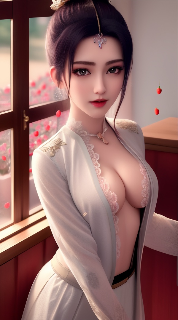 (,1girl, ,best quality, ),looking at viewer, <lora:444-DA-真阳武神-禅银纱-男装:0.8> ,, ,masterpiece, (( , )),ultra realistic 8k cg, ,    ,cleavage,strawberry blossoms,lace , (cleavage), (), 