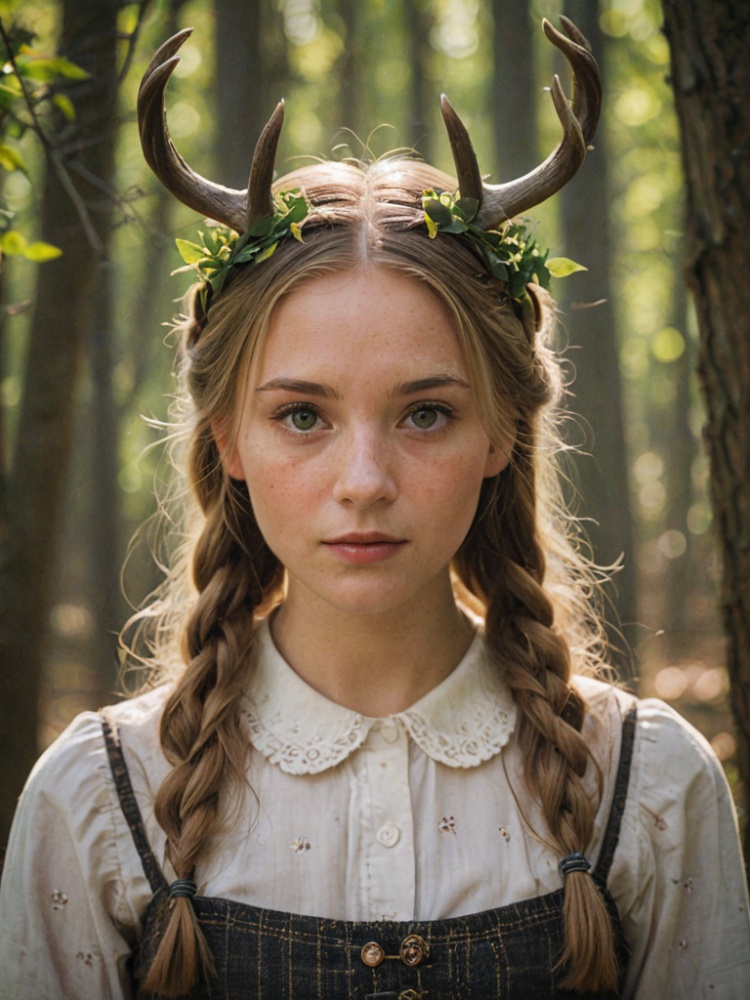score_9, score_8_up, score_7_up, score_6_up, score_5_up, score_4_up,Vintage portrait, photography style, soft focus, pure face,Deer, girl, antlers, vine with leaves, Blonde hair, European and American advanced face, freckles, Detailed light and shadow, Wind, (Strong Sunshine),Two plaits, The forest,Front light source,