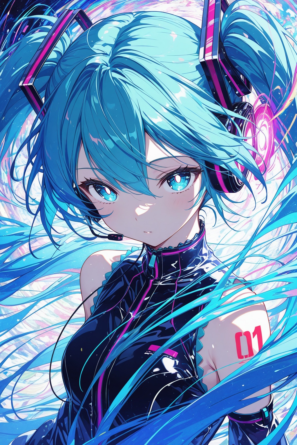 masterpiece, best quality, highly detailed,1girl, hatsune miku, upper body, white pupils, headphone, power elements, vibrant blue color palette, abstract,abstract background, dreamlike atmosphere, delicate linework, wind-swept hair,