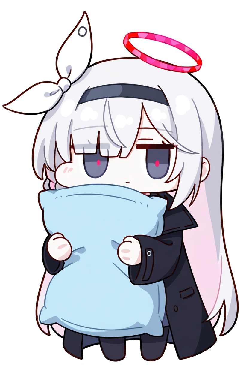 chibi,pillow,holding pillow,white hair,looking at viewer,(jitome),1girl,solo,chibi,expressionless,plana \(blue archive\),halo,black pantyhose,white background,simple background,<lora:nineface-chibi-noob1-5:0.9>,