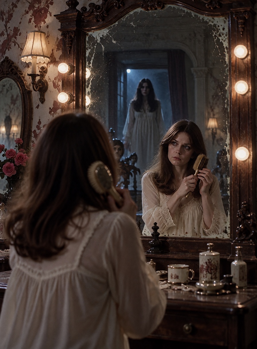 A haunted dressing room in a grand mansion,  the main subject shown mostly through a large antique mirror reflection,  an...