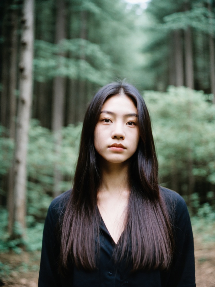 film grain analog photography,close -, asian female, serene expression, forest backdrop, bokeh effect, natural light, shallow depth field, dark long hair, glancing camera, reflective mood, soft features, cool color palette,