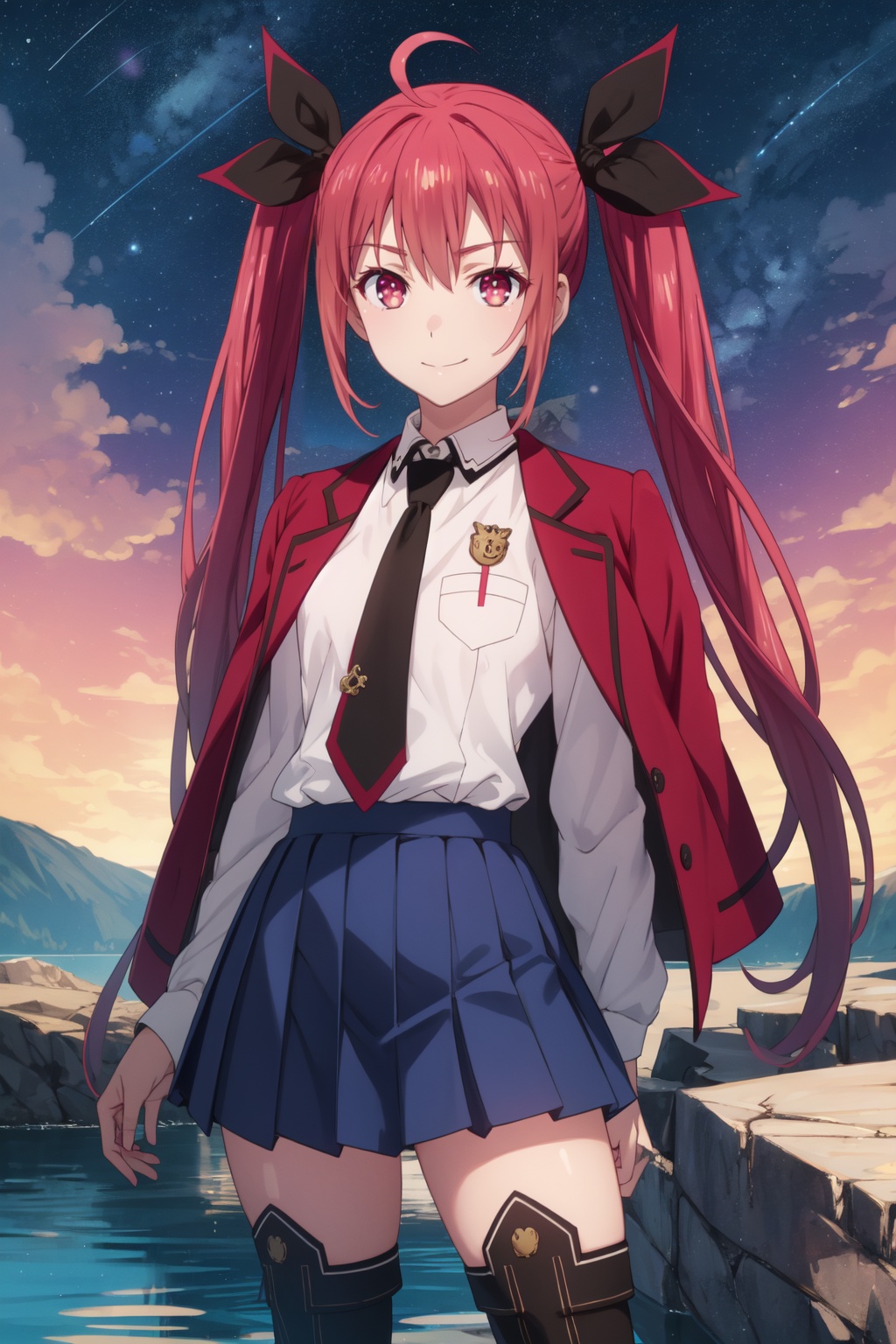 <lora:Kotori-000010:0.8>,Kotori cyql,1girl,looking at viewer,solo,twintails,red hair,ahoge,long hair,ribbon,hair ribbon,red eyes,school uniform,white shirt,jacket on shoulders,necktie,skirt,thighhighs,boots,thigh boots,Teasing, A playful smirk, a raised eyebrow, and a hint of dominance.,upper_body,beautiful face,beautiful eyes,glossy skin,shiny skin,Crater, Lake, Volcano, Water, Reflection, Steam, Rocks, Serenity,(Desert wildflowers, Arid landscape, Desert bloom, Refreshed desert, Floral explosion, Desert oasis:0.6),beautiful detailed sky,beautiful detailed glow,posing in front of a colorful and dynamic background,masterpiece,best quality,beautiful and aesthetic,contrapposto,female focus,wallpaper,fashion,