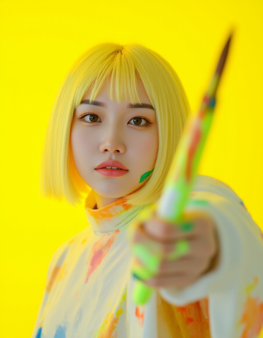 Masterpiece, Top quality, beautiful Korean woman, doll-like face, clean skin, neat lemon yellow bob cut splattered with glowing paint, bright mischievous creative smile, school art club smock-style power suit, tough canvas-like armor, active pose, holding a giant high-tech paintbrush dripping with glowing multi-colored paint near her face, intensely saturated monochromatic bright yellow background, POV, high angle, face-focused close-up, looking up at viewer