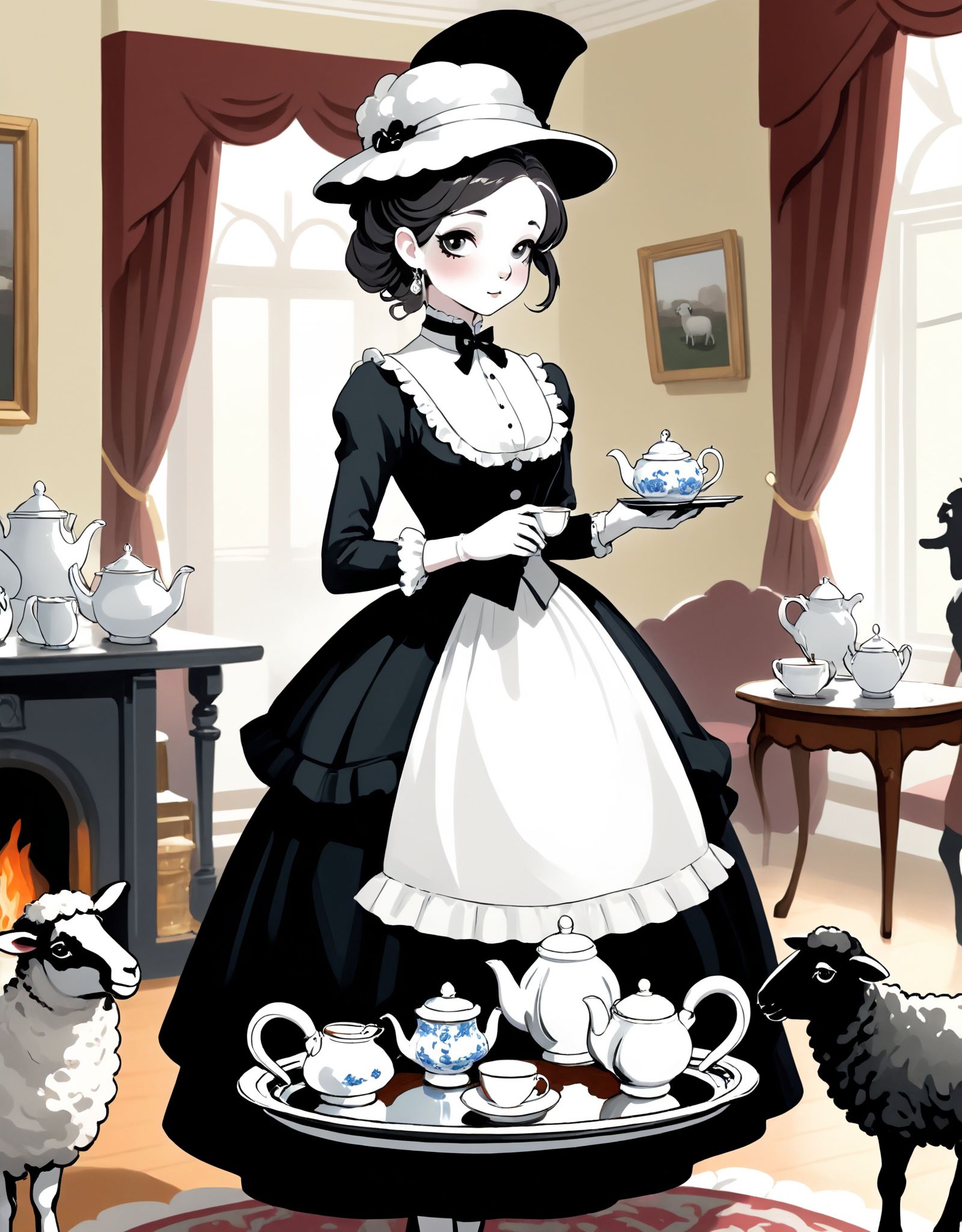 Illustration of a sheep butler standing elegantly in a formal black and white attire,  holding a silver tray with a teapot...
