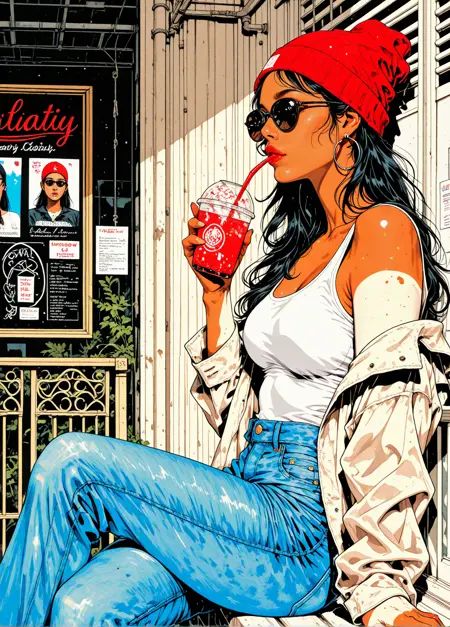 masterpiece, best quality, amazing quality, (*****, aged up,:1.1) realistic,  semi realism,Purpl3sk3tch, 1girl, hoop earrings, solo, sunglasses, hat, earrings, long hair, jewelry, black hair, beanie, sitting, pants, jeans, denim, jacket, drinking straw, **** top, cup, red headwear, tan, drinking, holding, from side, flat colors, stylish, accurate, immaculate anatomy,  detailed background, <lora:Purple_Sketchbook:0.3> <lora:LORA-64-dmd2:1>